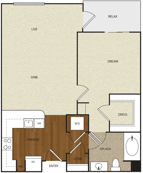 Floor plan for 1 bed, 1 bath, 775 sqft